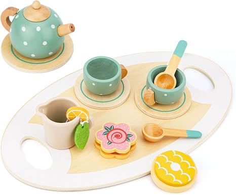 Wooden Tea Set Toys, Pretend Play Kitchen Accessories for Kids, Wooden Play Food Toys Tea Set for... | Amazon (US)