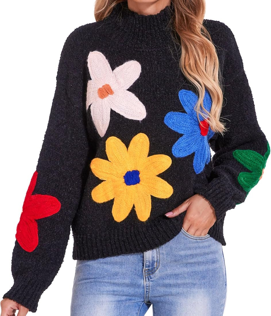 HOULENGS Women's Cute Floral Pattern Long Sleeve Sweater Mock Neck Flower Knitted Pullover Tops | Amazon (US)