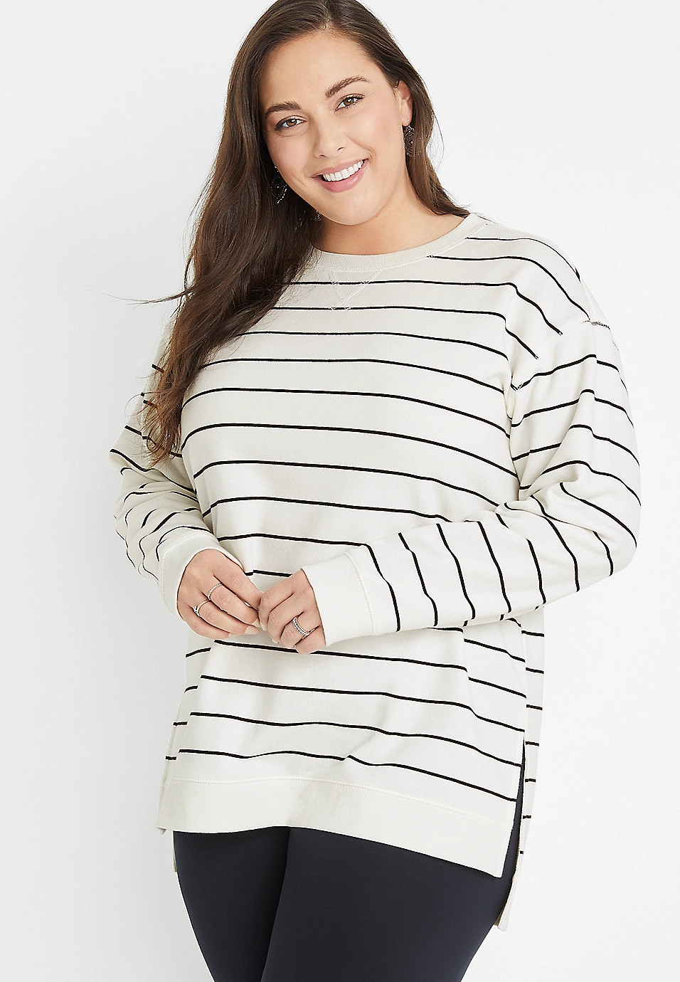 Plus Size Willowsoft White Stripe Tunic Sweatshirt | Maurices