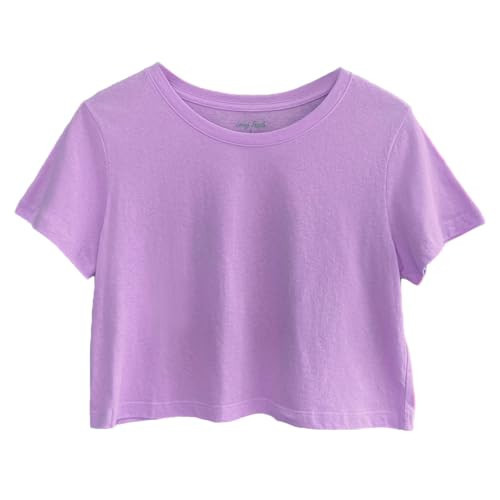Women's Boxy Crop Top Round Neck Short Sleeve Casual 100% Cotton Cropped Tee T-Shirt, Soft Purple, Small | Amazon (US)