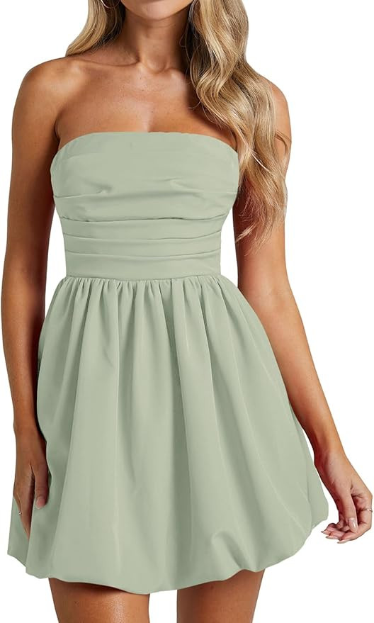 Wenrine Women's Sexy Strapless Summer Mini Dress Sleeveless Smocked A Lined Bubble Wedding Club P... | Amazon (US)