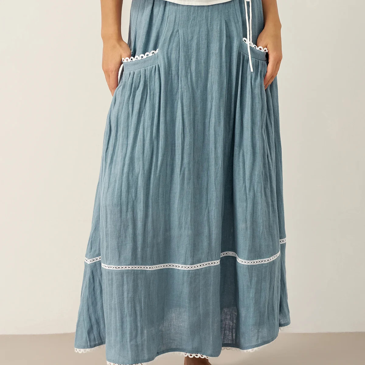 100% Linen Lace-Up Pocket Skirt FENLA | LINTICO