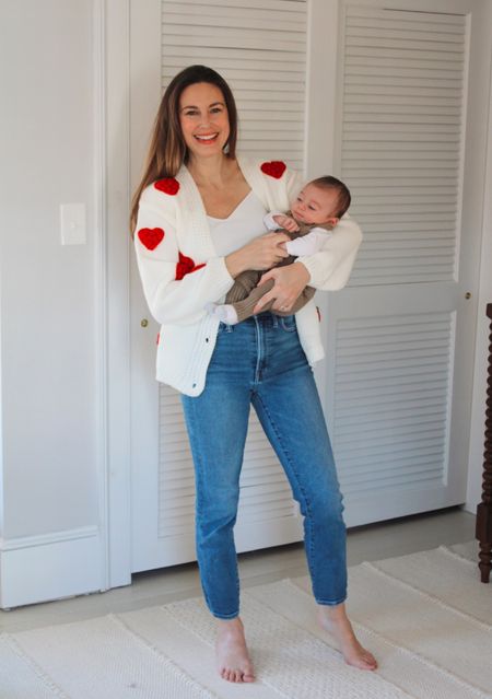 Heart sweater, mom outfit, mom jeans, comfy jeans, valentines outfit, cardigan, mom fit 

#LTKfindsunder100 #LTKfamily #LTKbaby