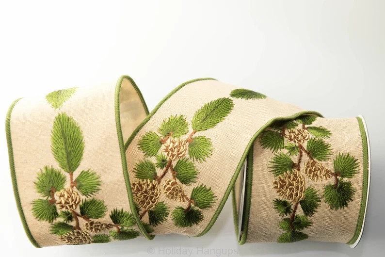 Linen Pinecone Branch Ribbon by Farrisilk, Embroidered, Christmas Trees, Wreaths, Swags | Etsy (US)