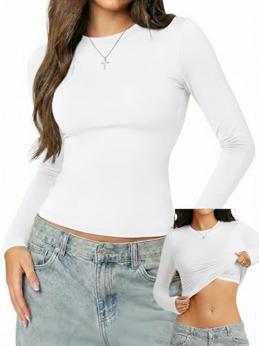 Danysu Double Lined High Round Neck Long Sleeve Tops for Women with Built in Bra Nylon Basic Crop... | Amazon (US)
