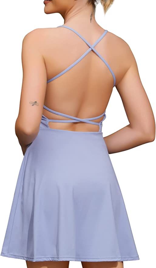 Rigolla Tennis Dress Women Cami Dresses Built in Bra & Shorts Solid Backless Fitness Outdoor Voll... | Amazon (US)