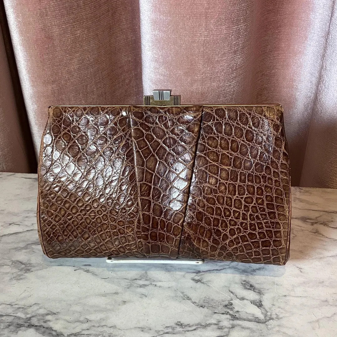 Vintage 1969s Alligator Croc Brown Leather Clutch Bag - Etsy | Etsy (US)