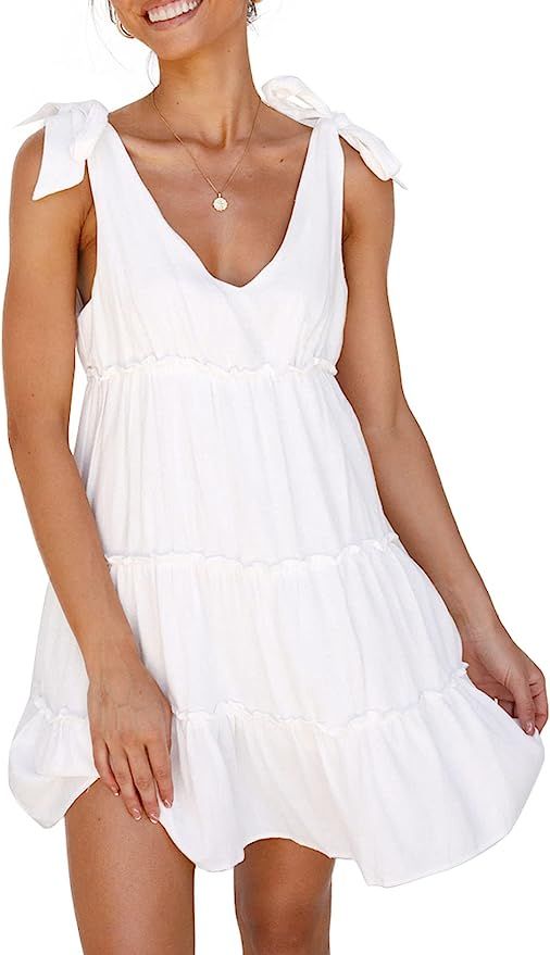Anloli Summer Dress for Women V Neck Tie Strap Ruffle Sleeveless Mini Linen Dress | Amazon (US)