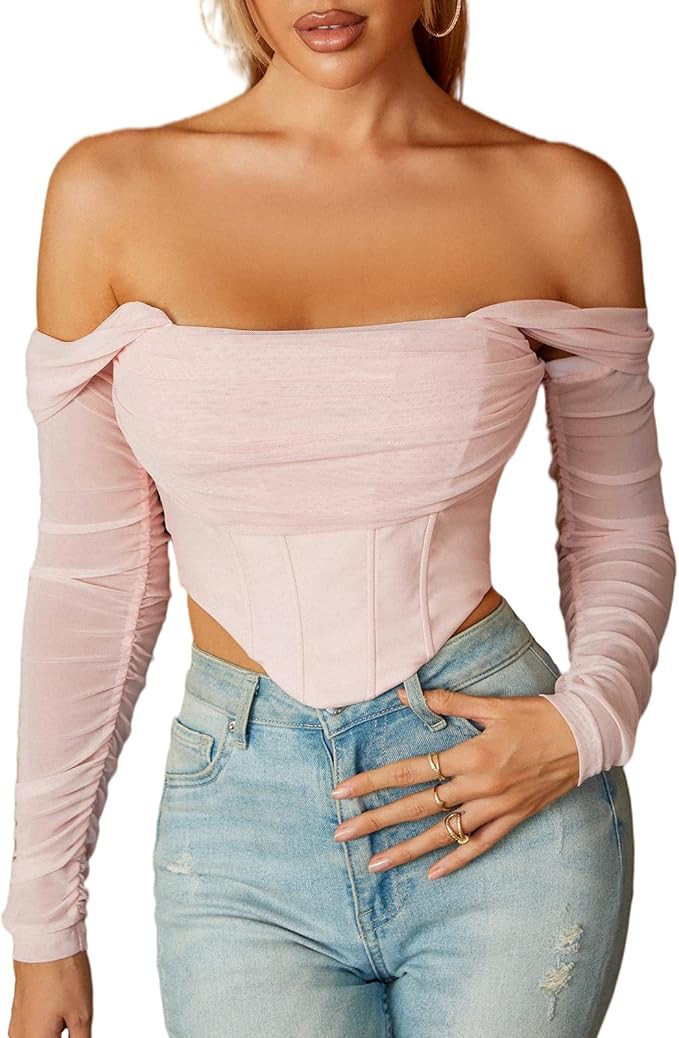 Mesh Sheer Long Sleeve Corset Crop top Ruched off Shoulder Blouse Push Up Party Boned Bustier for... | Amazon (US)