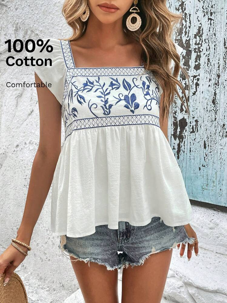 SHEIN VCAY Floral Embroidery Ruffle Trim Peplum Blouse | SHEIN
