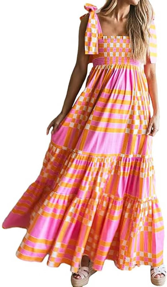Women 2024 Summer Dress Boho Floral Sleeveless Tie Shoulder Flowy Smocked Long Beach Maxi Dress | Amazon (US)