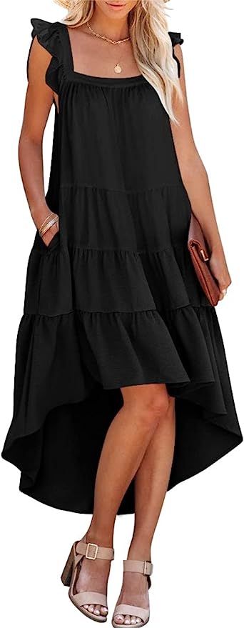 Prinbara 2022 Women's Summer Midi Dress Sleeveless Ruffle Sleeve Colorblock Solid Loose Fit Flowy... | Amazon (US)