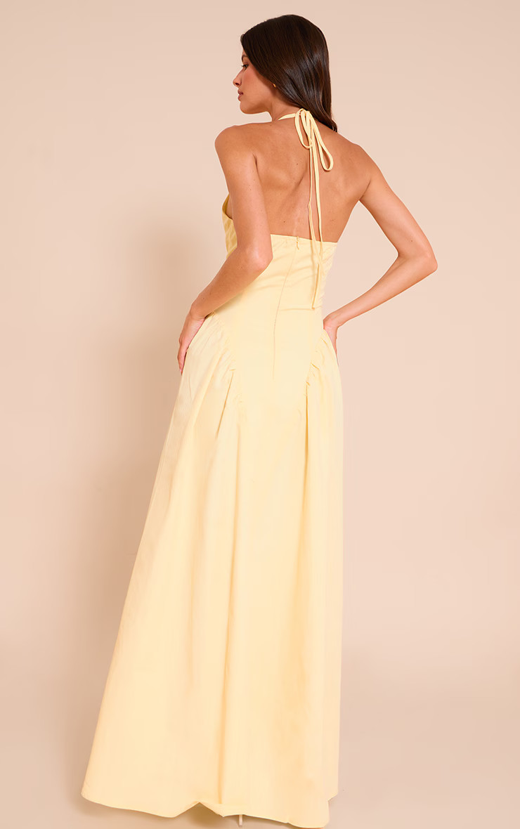 Lemon Woven Halterneck Plunge Midaxi Dress | PrettyLittleThing UK