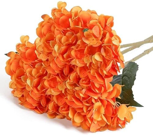 Kisflower 6Pcs Silk Hydrangea Artificial Flowers Realistic Hydrangea Halloween Fall Flowers Bouquet for Wedding Party Office Home Decor (Orange) | Amazon (US)