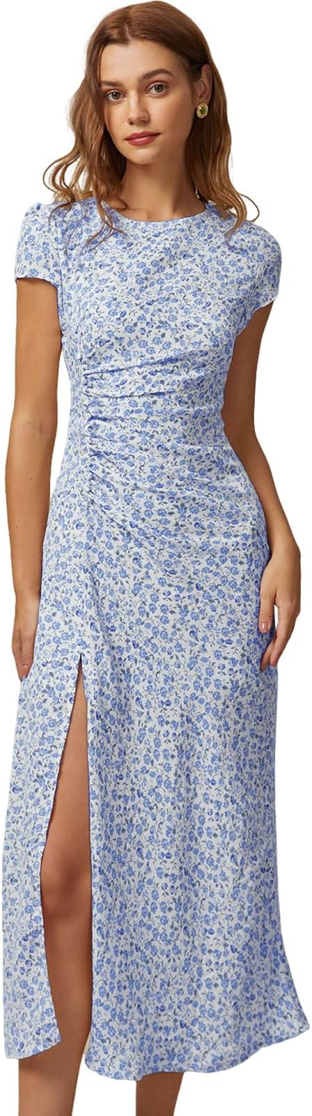 RIHOAS Boho Floral Midi Dress for Women - Round Neck Slit Design, Casual Beach Garden Vacation Su... | Amazon (US)