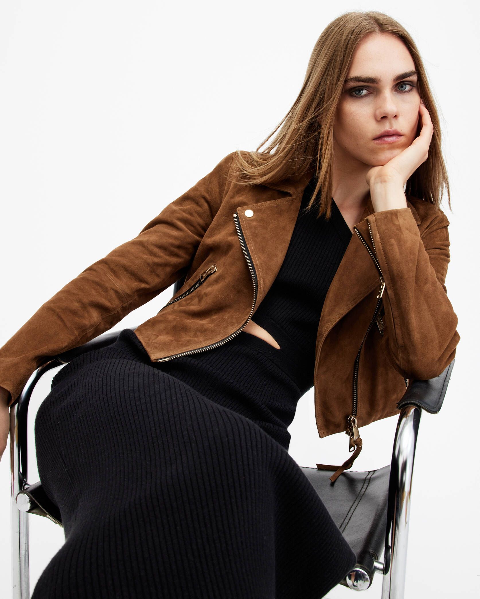 Dalby Slim Fit Cropped Suede Biker Jacket SUGAR BROWN | ALLSAINTS US | AllSaints US