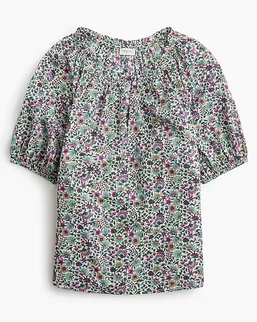 Printed puff-sleeve split-neck top | J.Crew Factory