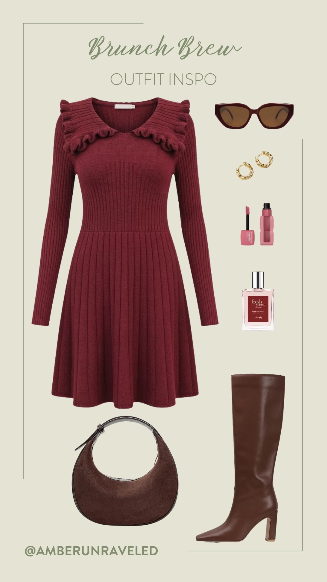 Heading out for coffee and pastries? This is the outfit you need. A sweet burgundy ruffle collared midi dress paired with chocolate brown knee-high boots. Nail the cozy-chic look and complete it with a crescent shoulder bag and sunglasses.

brunch outfit, palette pick, burgundy finds, brown hues, fall styling tips, autumn trends, suede look, dressy style

#LTKStyleTip #LTKU #LTKSeasonal