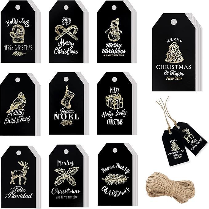 Whaline 120 Pieces 10 Designs Christmas Gold Foil Paper Gift Tags Black Xmas Hanging Tag Labels w... | Amazon (US)