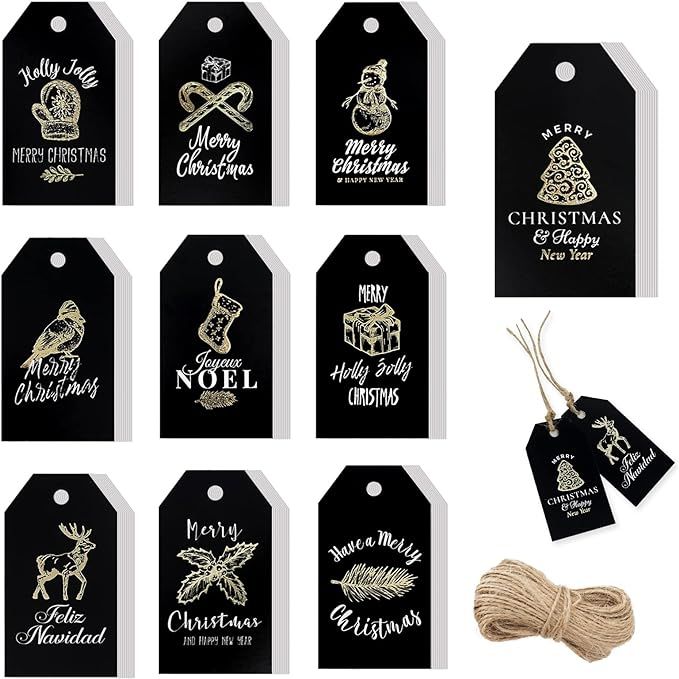 Whaline 120 Pieces 10 Designs Christmas Gold Foil Paper Gift Tags Black Xmas Hanging Tag Labels w... | Amazon (US)