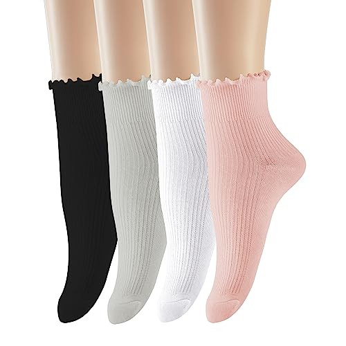 DOOVID Ruffle Crew Socks Cute Ankle Socks for Women Girls Cotton Knit Lettuce Frilly Socks Athletic Socks 4 Pairs Black & White & Grey & Pink | Amazon (US)