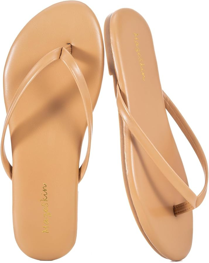 mazeskin Women's Memory Foam Comfortable Flat Thong Sandals Dressy Summer Beach Leather Slide Fli... | Amazon (US)