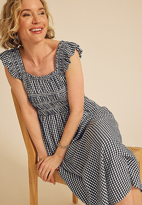 Gingham Micro Flutter Sleeve Midi Dress | Maurices
