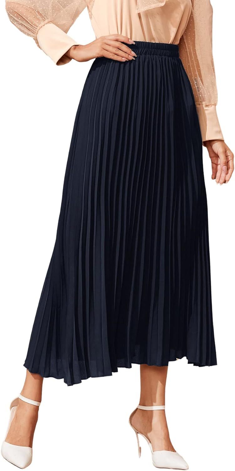 SweatyRocks Women's Casual Solid Longline Pleated Long Skirt | Amazon (US)