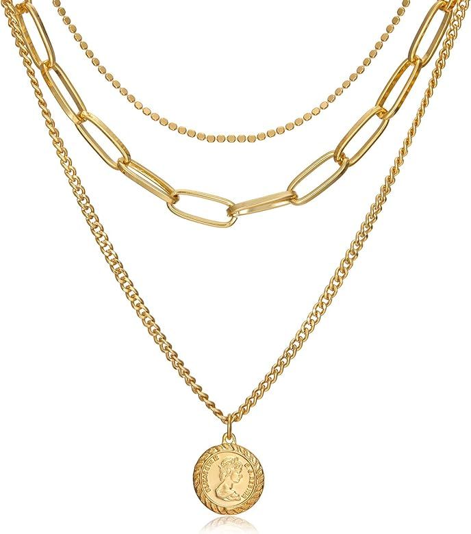 Layered Pendant Necklace 18K Gold Plated Queen Elizabeth Coin Disc Chain Vintage Valentine's Day ... | Amazon (US)