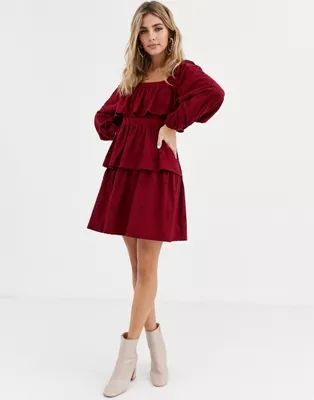 ASOS DESIGN broderie square neck ruffle mini dress in berry | ASOS US