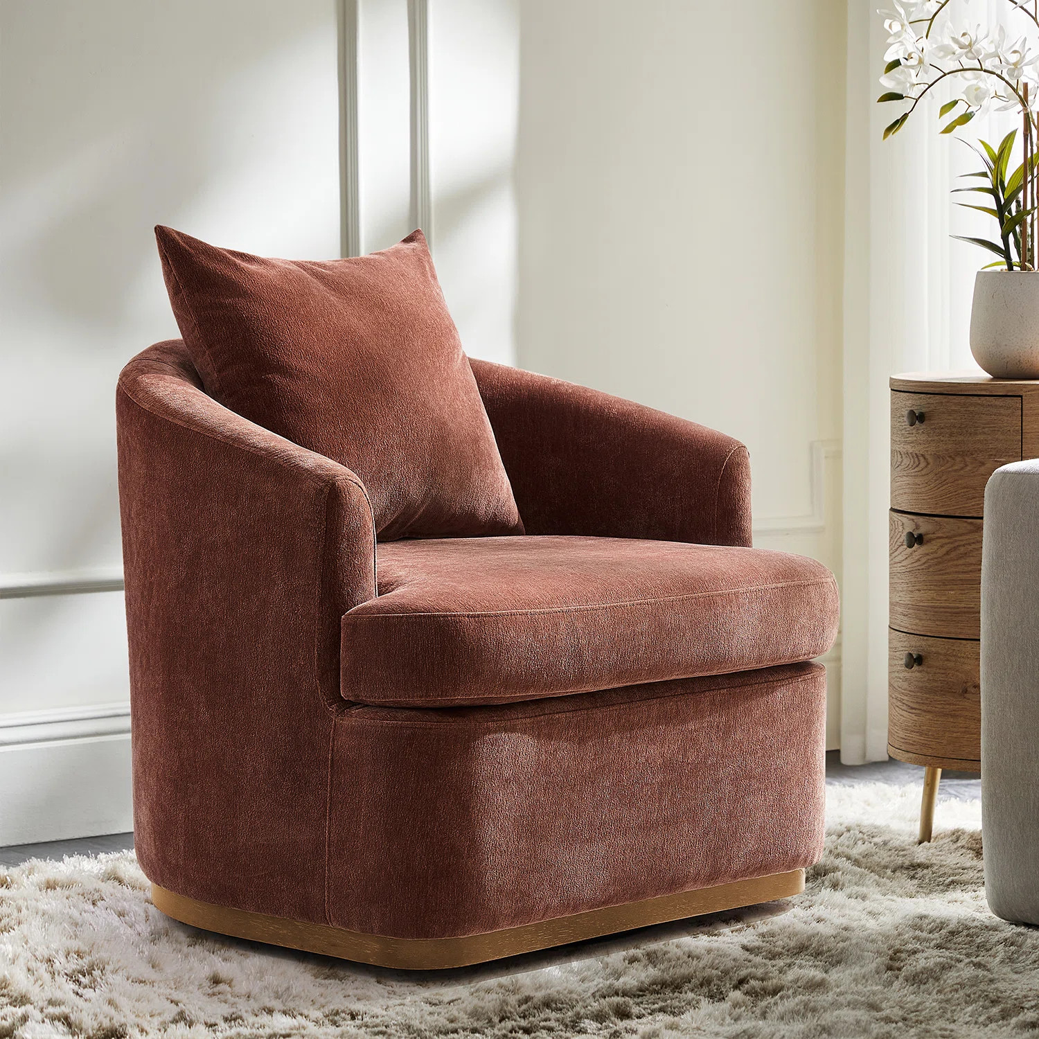 Berklie 31"W Modern Chenille Swivel Armchair with Ergonomic Backrest and Solid Wood Legs | Wayfair North America
