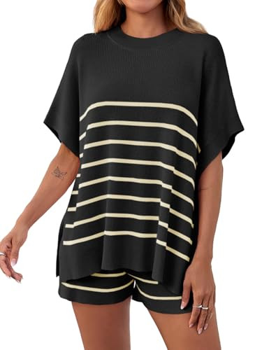 Fisoew Women's Striped 2 Piece Outfits Oversized Batwing Short Sleeve Tops High Waisted Shorts Su... | Amazon (US)