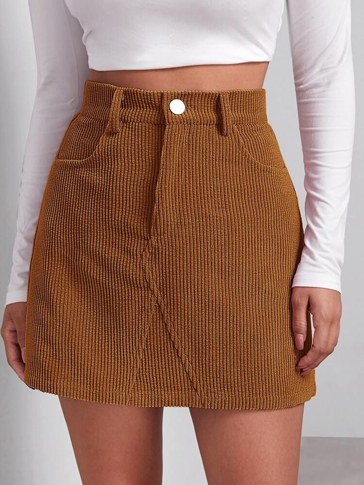 SHEIN EZwear Buttoned Front Cord Skirt | SHEIN