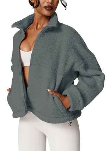 HerGymClothing Womens Sherpa Cropped Jacket Stand Collar Full Zip Long Sleeve Short Fleece Coat With Pockets Drawstring (Deep Blue Gray, M) | Amazon (US)