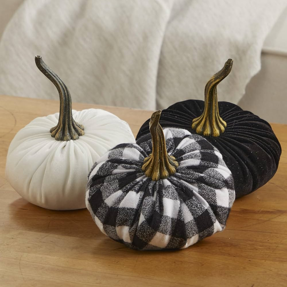 Set of 3 Velvet and Flannel 6.25 Inch Pumpkins, Black and White Buffalo Plaid Decor, Black Pumpki... | Amazon (US)