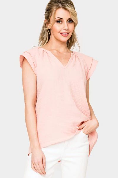 Seaside Flutter Sleeve V-Neck Gauze Top | Gibson