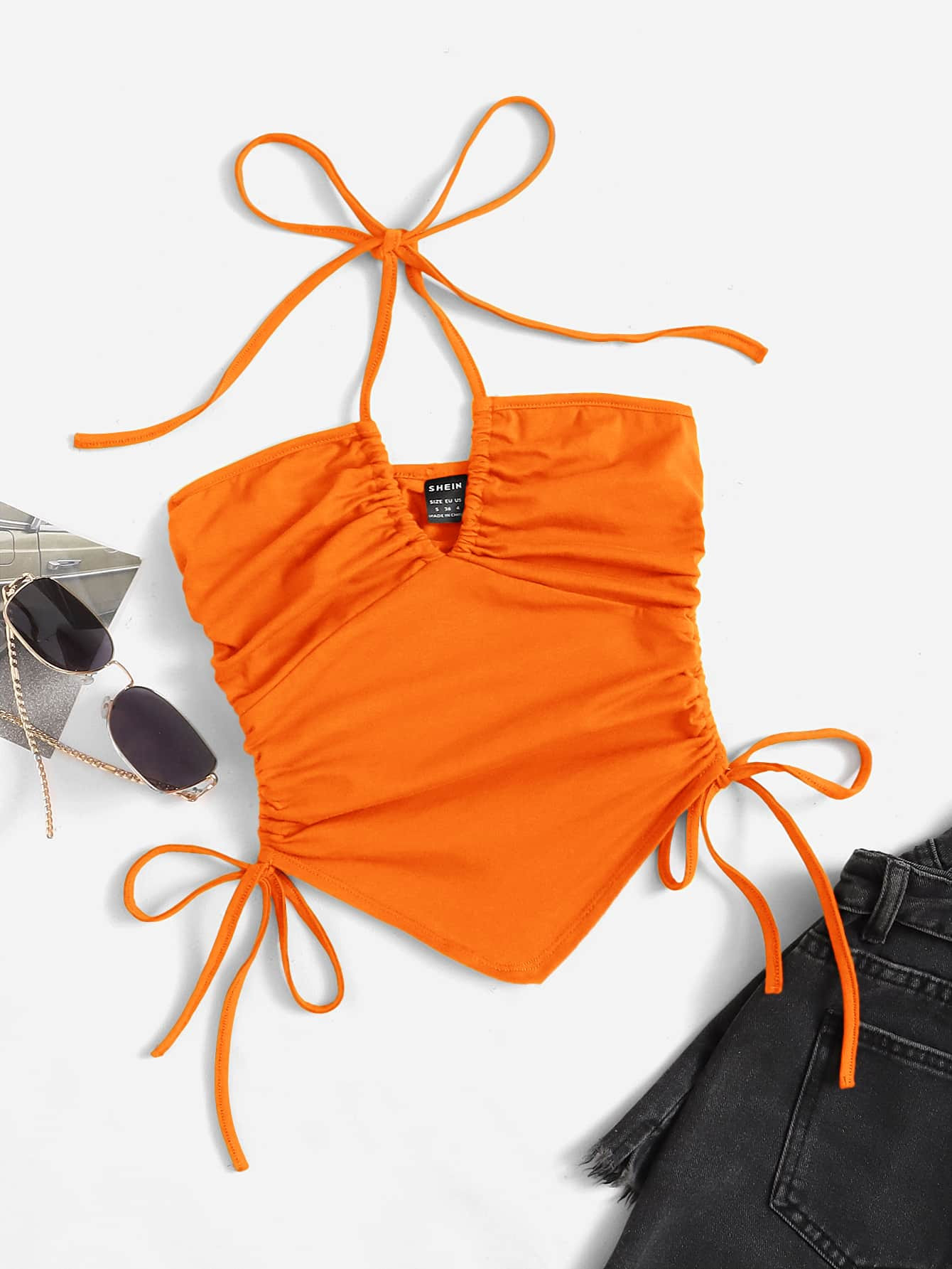 SHEIN ICON Neon Orange Knot Front Drawstring Tube Top | SHEIN