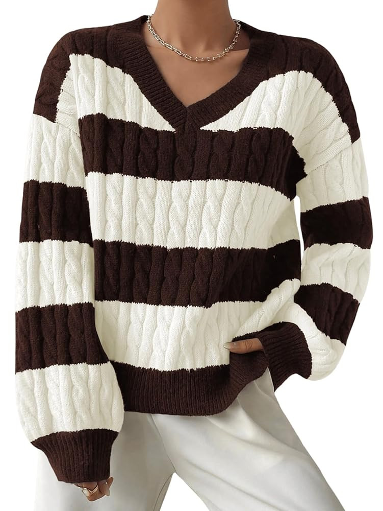 MakeMeChic Women's Cable Knit Color Block Striped Sweater V Neck Long Sleeve Pullover Tops | Amazon (US)