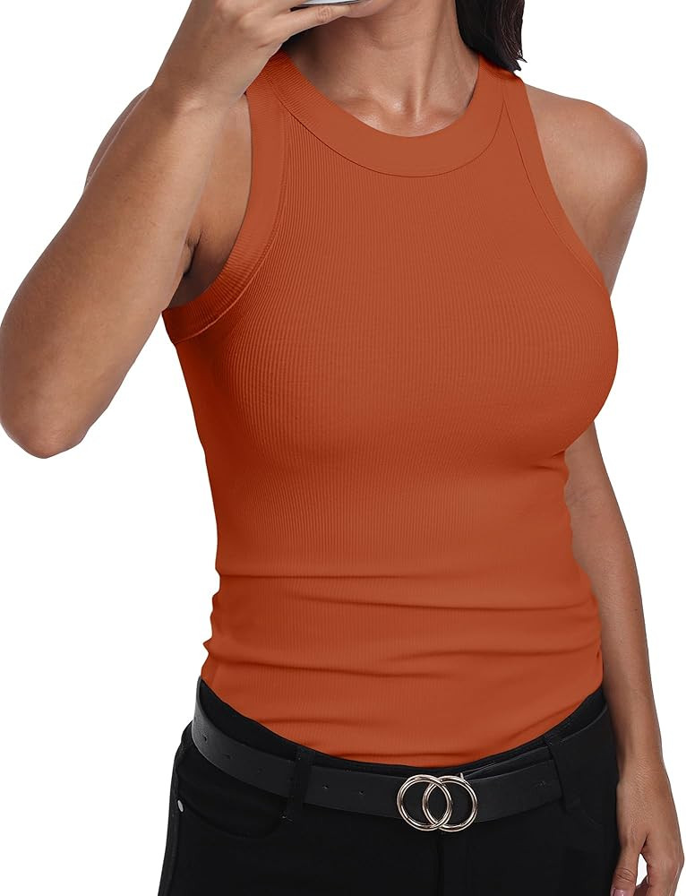 GEMBERA Womens Sleeveless Racerback High Neck Casual Basic Cotton Ribbed Fitted Tank Top | Amazon (US)