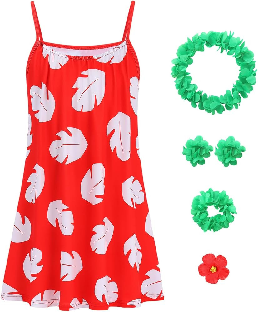 Girls Red Tropical Slip Dress Kids Hawaiian Costume Toddler Halloween Costumes Luau Party Outfit ... | Amazon (US)