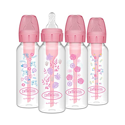 Dr. Brown's Natural Flow Anti-Colic Options+ Narrow Baby Bottle, Pink Floral, 8 oz/250 mL, with Level 1 Slow Flow Nipples, 0m+, 4 Bottles, 4 Units (Pack of 1) | Amazon (US)