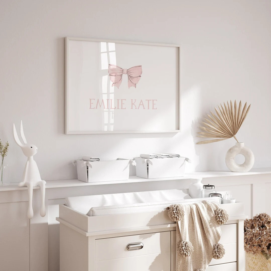 Girl Baby Name Print Name Girl Nursery Wall Art Pink Bow Nursery Art Pink Nursery Decor Personali... | Etsy (US)