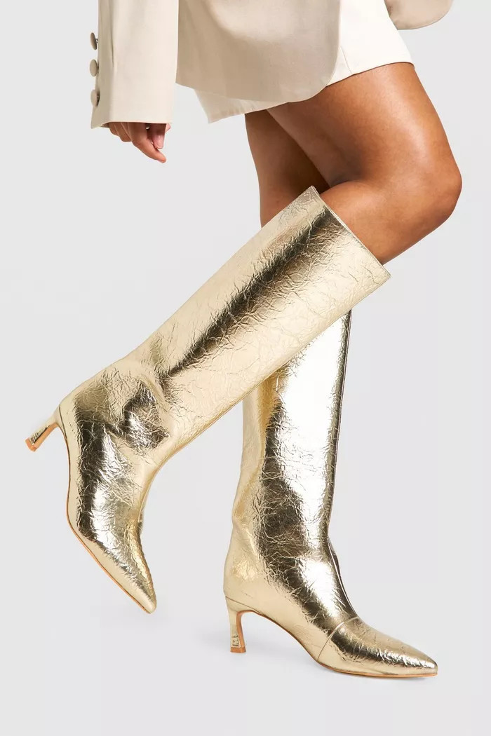 Textured Metallic Column Knee High Boots | boohoo (US & Canada)