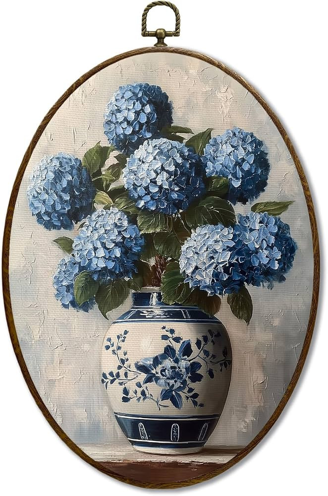 JQF Vintage Chinoiserie Blue Hydrangea Oval Wall Decor, Blue and White Chinoiserie Porcelain Hydr... | Amazon (US)