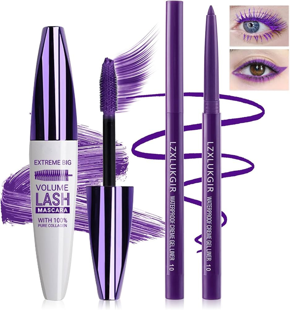 Purple Mascara and Eyeliner Set,5D Colored Volume and Length Waterproof,Purple Mascara for Eyelas... | Amazon (US)