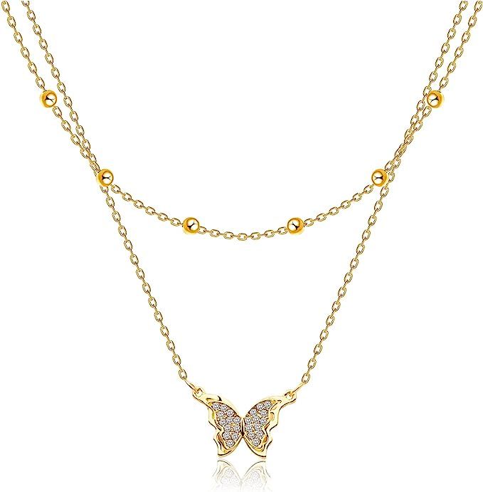 Anboly Butterfly Necklace,14K Gold Plated Layering Necklaces,Handmade Dainty Sparkly Diamond Neck... | Amazon (US)