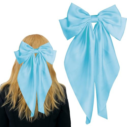 Pufandor Hair Bow Silky Satin Hair Ribbons for Women, Blue Bows for Girls Hair Bowknot Barrettes Long Tails with Clips Big Hair Bows Hair Accessories (Sky Blue 1pc) | Amazon (US)