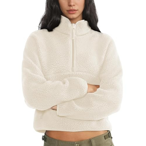 Womens Fleece Sweatshirts Cropped Half Zip Fuzzy Warm Sherpa Pullover Varsity Jackets with Zipper... | Amazon (US)