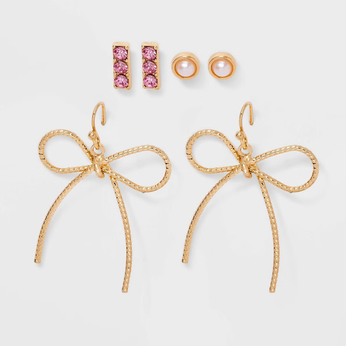 Simulated Pearl and Bow Drop Earring Set 3pc - Wild Fable™ Pink/Gold | Target