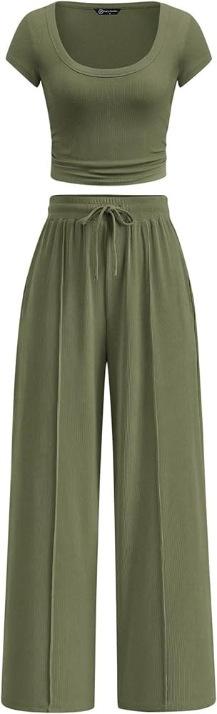 PRETTYGARDEN Women's 2 Piece Matching Lounge Sets Ribbed Short Sleeve Crop Tops Wide Leg Pants 20... | Amazon (US)